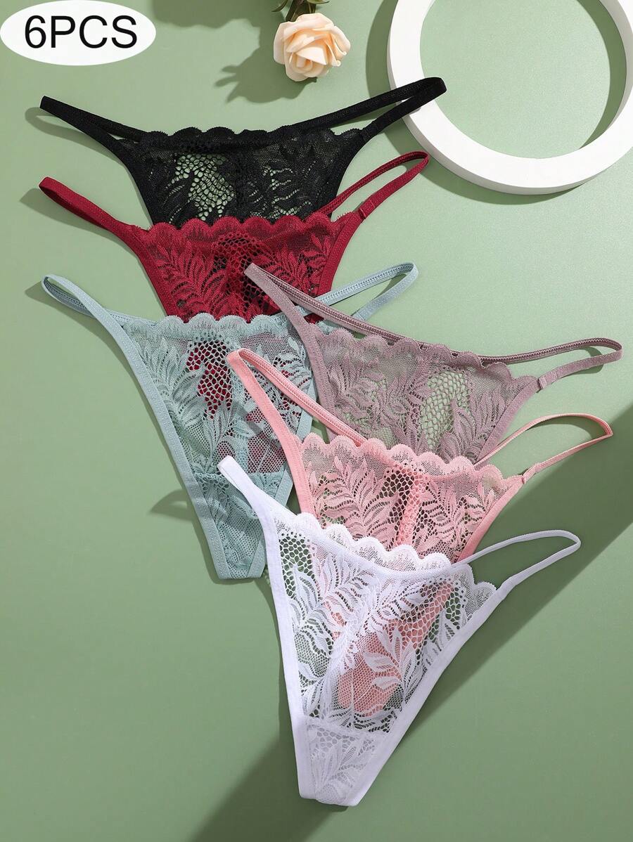 6件女士蕾丝舒适透气性感丁字裤内衣 - 彩色 - 查看 1