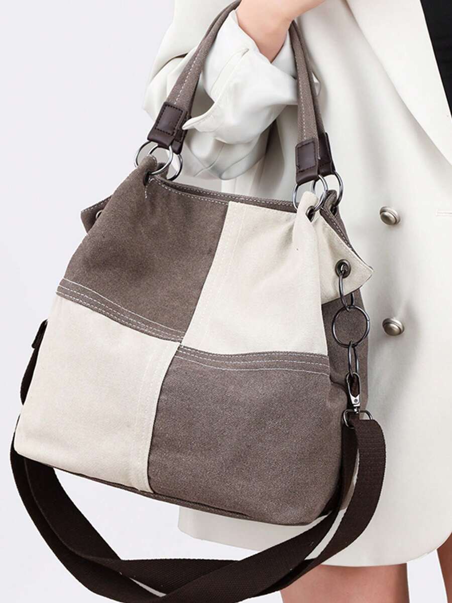 Canvas Women's Bag Vintage Contrast Color Shoulder, Commuter, Casual, Tote, Crossbody And Handbag - Grey - View 1
