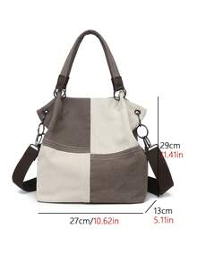 Canvas Women's Bag Vintage Contrast Color Shoulder, Commuter, Casual, Tote, Crossbody And Handbag - Grey - View 7