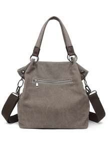 Canvas Women's Bag Vintage Contrast Color Shoulder, Commuter, Casual, Tote, Crossbody And Handbag - Grey - View 4