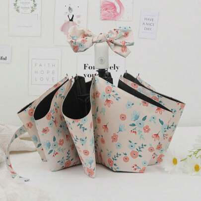 1pc 8-Rib Automatic Folding Umbrella, UV Protection Sun Umbrella, Foldable Windproof Umbrella For Spring, Summer, Autumn And Winter, Convenient Lightweight Luxury Umbrella For Women, Minimalist Folding Outdoor Sun Shade, Unisex Black CFresh And Simplell Fresh Red Flower Print Dual Use Umbrella