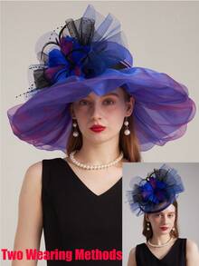 HIMESPORT 2024薄紗婚禮新娘嘉年華肯塔基德比迎賓帽，女士淑女帽配網紗花朵，聖派屈克茶會禮帽，可雙種方式佩戴的牛仔帽，女式蝴蝶結西部牛仔帽 - 純色 - 查看 7