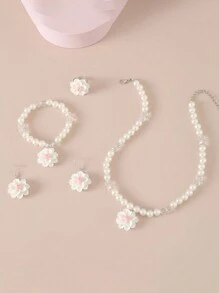 1pc Necklace, 1pc Bracelet, 1pc Ring, 1pair Earrings Set With Sweet Faux Pearl Flower Pendant, Children's 4pcs Jewelry Set