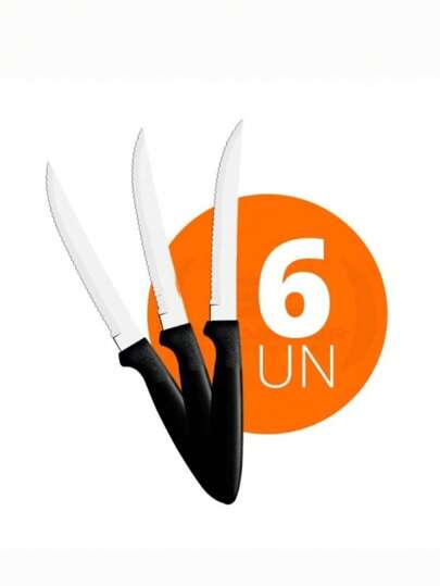 Jogo De Talheres 6 Facas Para Churrasco Com Lâmina Em Aço Inox Cabo Preto