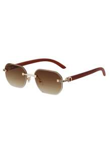 1 Pair Diamond-Edge Frameless Fashion Glasses For Men, Vintage Faux Wooden Temple Legs, Suitable For Everyday Wear, Outdoor, Driving, UV Protection