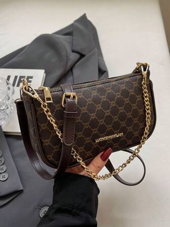 Lightweight,Business Casual Letter Graphic Bag Zipper Chain Elegant PU For Teen Girls Women College Students,Rookies & White-Collar Workers Perfect For Office,College,Work ,Business,Commute,Outdoors, Travel, Outings,Shoulder Bag, Crossbody Bag, Women Bag, Wallet