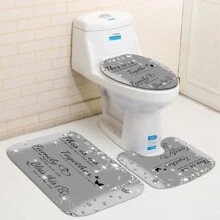 1/4 piezas Cortina de ducha con letras impresas de rhinestone brillante para baño, juego de cortinas de ducha de lujo grises con alfombras de baño, alfombras antideslizantes, tapa de inodoro, decoración del hogar, partición de bañera, accesorios de baño, decoración de otoño, de vuelta a la escuela