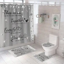 1/4 piezas Cortina de ducha con letras impresas de rhinestone brillante para baño, juego de cortinas de ducha de lujo grises con alfombras de baño, alfombras antideslizantes, tapa de inodoro, decoración del hogar, partición de bañera, accesorios de baño, decoración de otoño, de vuelta a la escuela