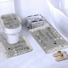 1/4 piezas Cortina de ducha con letras impresas de rhinestone brillante para baño, juego de cortinas de ducha de lujo grises con alfombras de baño, alfombras antideslizantes, tapa de inodoro, decoración del hogar, partición de bañera, accesorios de baño, decoración de otoño, de vuelta a la escuela