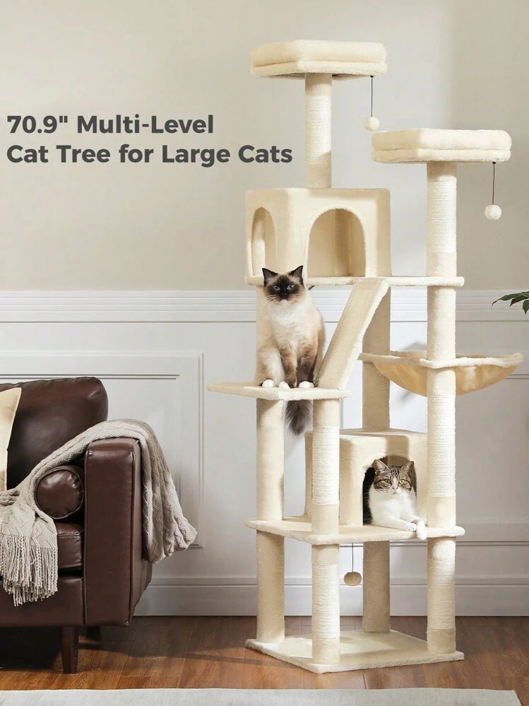 PAWZ Road Flower Cat Tree, 70.9" Tall Cat Tree For Indoor Cats, Large Cat Tree For Big Cats, Multi-Level Tall Cat Tower With 6 Scratching Posts, 2 Cat Houses, 2 Resting Areas, Large Hammock, Pompoms - Beige - View 5