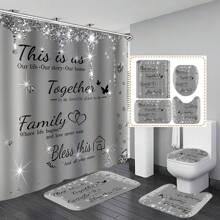 1/4 piezas Cortina de ducha con letras impresas de rhinestone brillante para baño, juego de cortinas de ducha de lujo grises con alfombras de baño, alfombras antideslizantes, tapa de inodoro, decoración del hogar, partición de bañera, accesorios de baño, decoración de otoño, de vuelta a la escuela