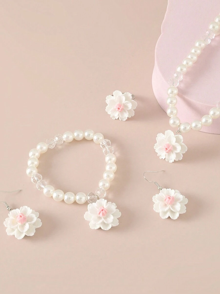 1pc Necklace, 1pc Bracelet, 1pc Ring, 1pair Earrings Set With Sweet Faux Pearl Flower Pendant, Children's 4pcs Jewelry Set
