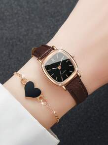 Women's Leather Strap Square Dial Quartz Watch With Simple Scale Design + Bracelet (2pcs/Set) As A Gift For Students Returning To School