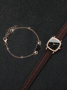 Women's Leather Strap Square Dial Quartz Watch With Simple Scale Design + Bracelet (2pcs/Set) As A Gift For Students Returning To School