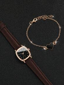 Women's Leather Strap Square Dial Quartz Watch With Simple Scale Design + Bracelet (2pcs/Set) As A Gift For Students Returning To School