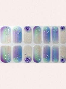 Almond Gradient Colorful 3D Hand-Painted Blue Lotus Floral 3D Crystal Nail Stickers - Multicolor - View 4