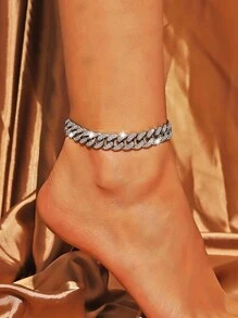 kuuioe 1pc Fashionable Rhinestone Inlaid Chain Anklet For Women, Summer Beach Punk Style Foot Jewelry - Silver - View 7