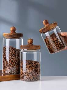 جرة تخزين خشبية زجاجية للمطبخ، جرار القهوة الزجاجية، علبة تخزين شفافة بغطاء خشبي جولة جرة طعام زجاجية لصندوق تخزين الطعام السكر الشاي البن البهارات جوز