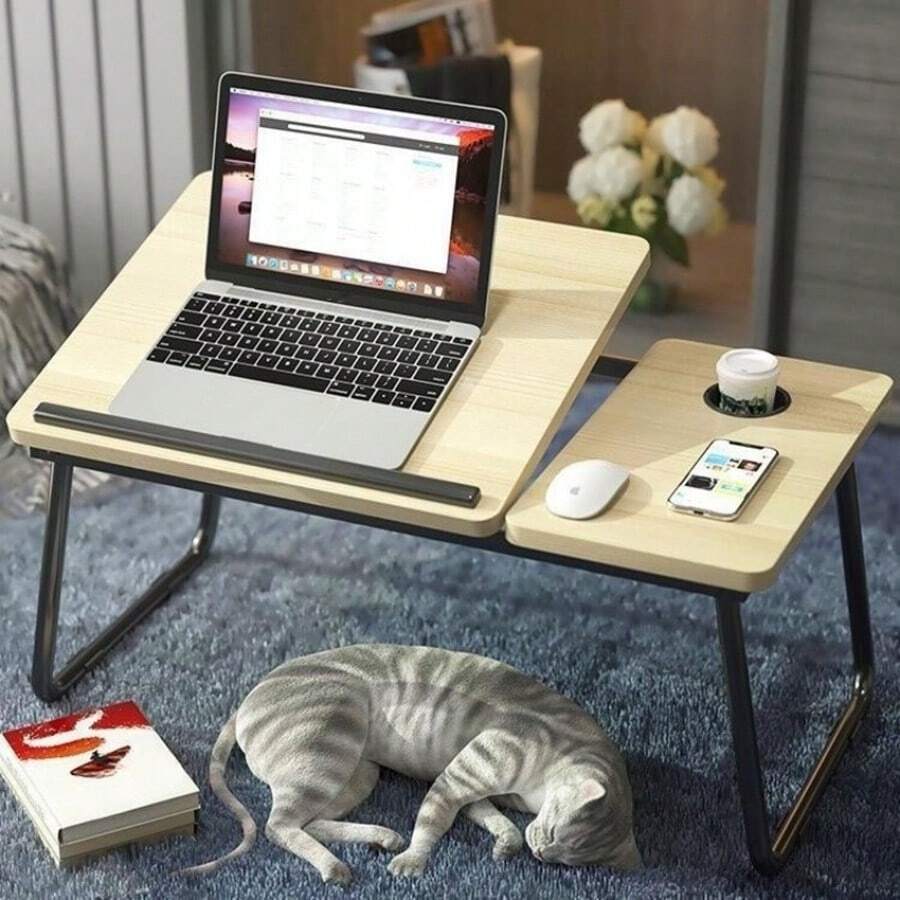 1pc 5-Level Adjustable Folding Small Table Board For Bed Sofa, Slouchy Students Dorm Study Desk, Laptop Table - Apricot - View 1