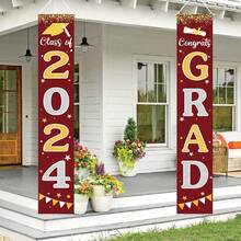 2024畢業慶祝裝飾 GRAD橫幅黑色畢業派對裝飾 2024門廊門迎接橫幅 給班級和學校使用 - 紫紅色 - 查看 1