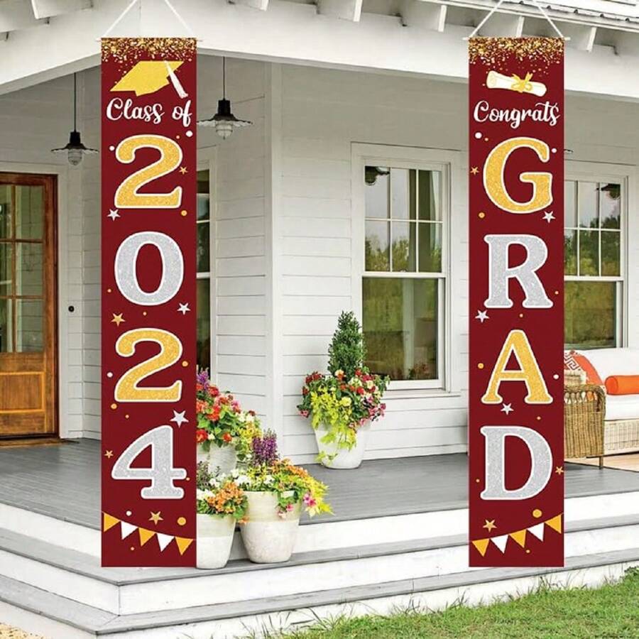 2024畢業慶祝裝飾 GRAD橫幅黑色畢業派對裝飾 2024門廊門迎接橫幅 給班級和學校使用 - 紫紅色 - 查看 1