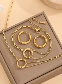 A Set Of 4 Fashion And Unique Stainless Steel Jewelry Set With Circular Decoration And 18K Gold Plating, Suitable For Women To Wear At Banquets Or Weddings. - Yellow Gold - View 1