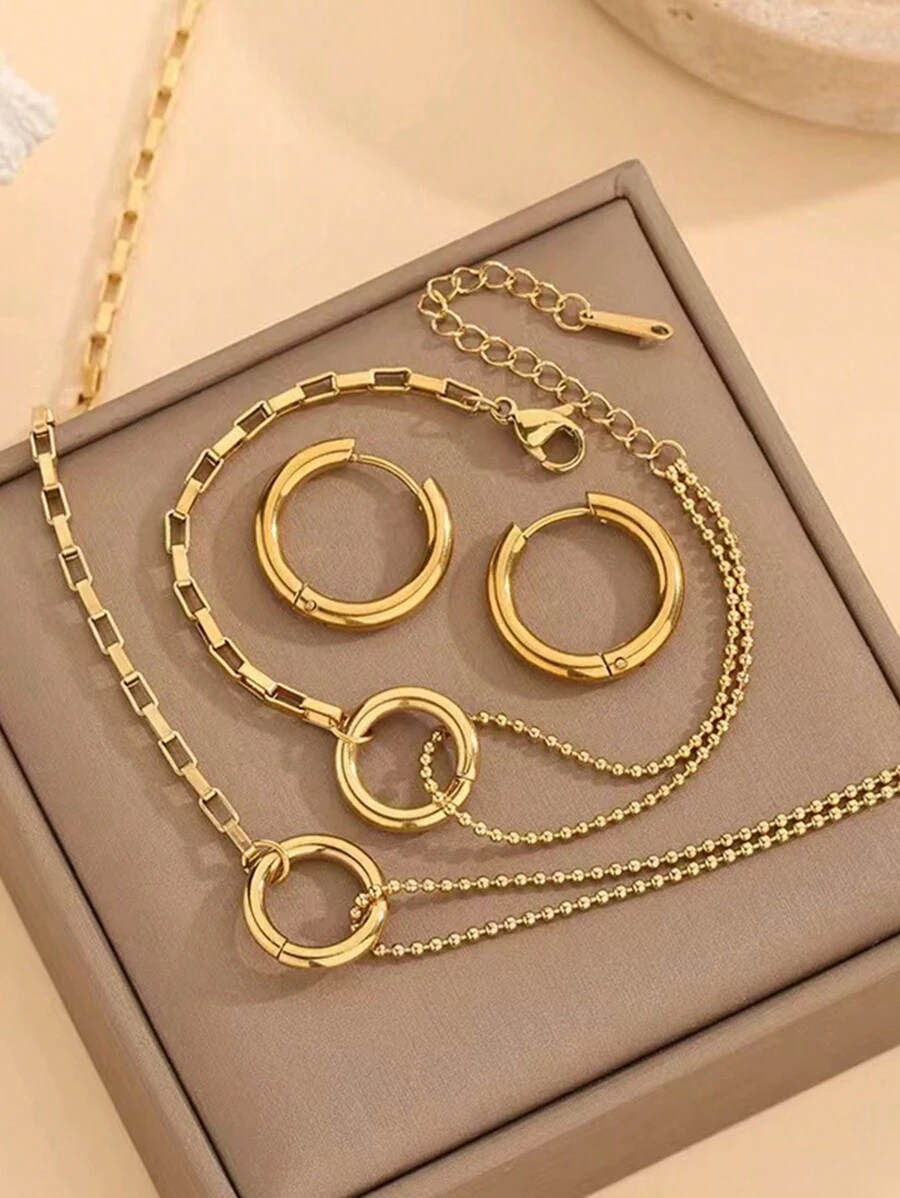 A Set Of 4 Fashion And Unique Stainless Steel Jewelry Set With Circular Decoration And 18K Gold Plating, Suitable For Women To Wear At Banquets Or Weddings. - Yellow Gold - View 1