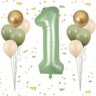 11 pièces Ballon vert sauge de 40 pouces numéro 1 2, ballons d'anniversaire vert olive 1er 2ème, ballons en latex rétro blanc sable vert avocat or pour la douche de bébé fille garçon, fête d'anniversaire 1er d'anniversaire jungle, Noël