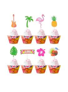8pcs/Set Hawaii Aloha Theme Flamingo, Coconut Tree, Coconut Juice, Guitar, Cupcake Topper - Multicolor - View 1