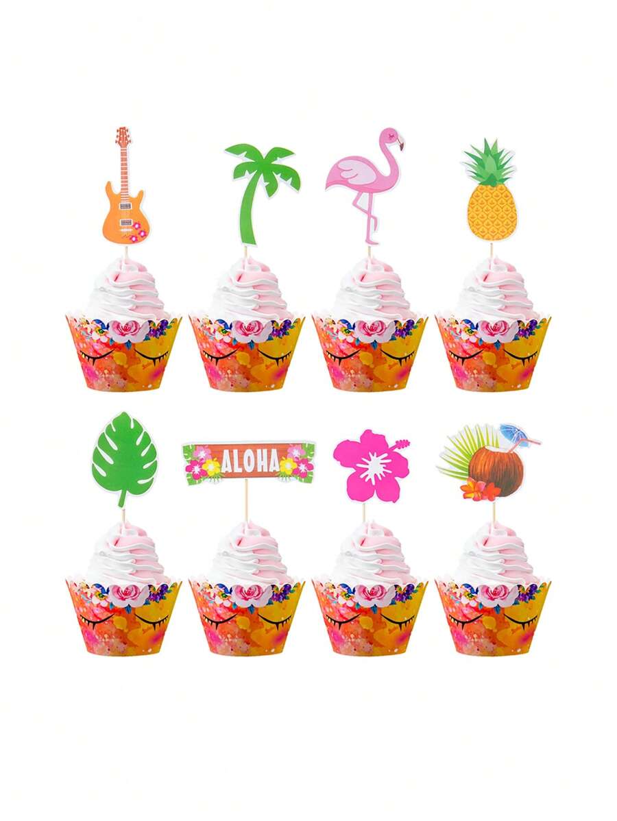 8pcs/Set Hawaii Aloha Theme Flamingo, Coconut Tree, Coconut Juice, Guitar, Cupcake Topper - Multicolor - View 1