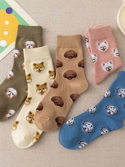 3 Pairs Random Assorted Cute Dog Animal Print Crew Socks, Japanese Style