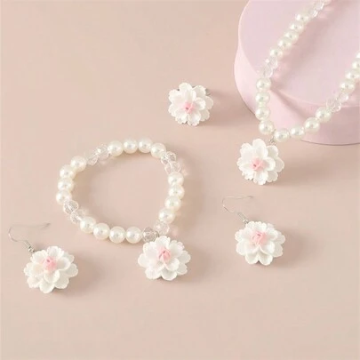 1 Miếng Dây chuyền , 1 Miếng Vòng tay , 1 Miếng Nhẫn , 1 đôi Bộ bông tai Với vui tươi Ngọc trai Giả Mặt dây chuyền hoa , Trẻ em 4pcs Bộ trang sức