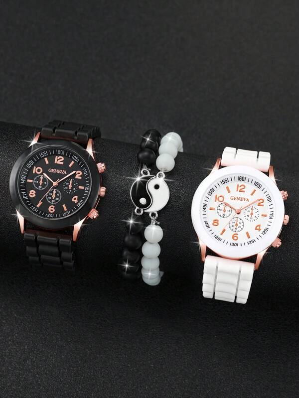 Couple's Fashionable Simple Digital Dial Quartz Watch + 8 Diagram Beaded Bracelet Set (4pcs/Set)