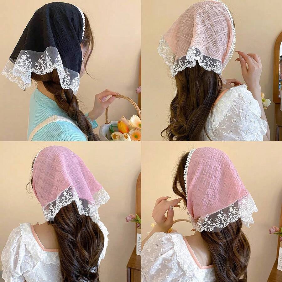 1條甜美的純色蕾絲邊頭巾頭箍,適合日常穿著、約會、攝影和時尚搭配 - 彩色 - 查看 1