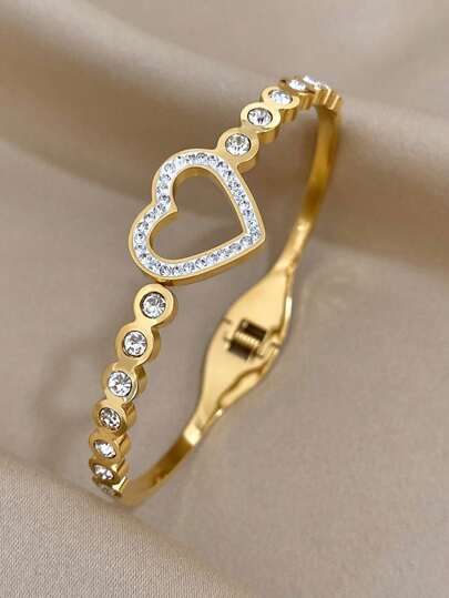 1 pièce Bracelet doré en acier inoxydable avec strass en forme de cœur, creux, bracelet élégant et brillant pour femme, idéal pour anniversaire, fête, mariage et comme cadeau de bijoux quotidien
