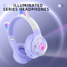 New Wireless Cat Ear Earphones With Cat Paw LED Light Design, Suitable For Girls To Learn - Pink - View 7