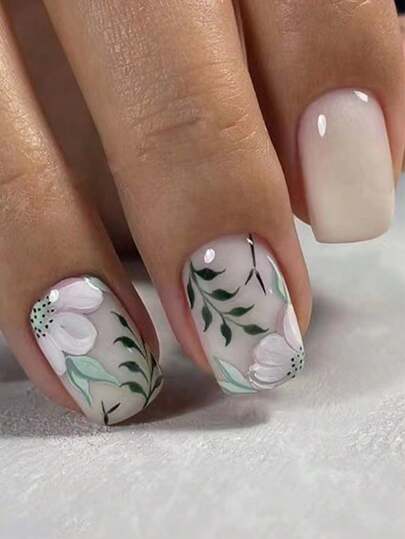 24 Chiếc Móng Tay Giả Vuông Ngắn Ấn Vào Móng Tay Có Thể Đeo Họa Tiết Hoa Và Lá Mùa Xuân Móng Tay Giả Cho Phụ Nữ Quà Tặng Năm Mới dụng Cụ Làm Móng