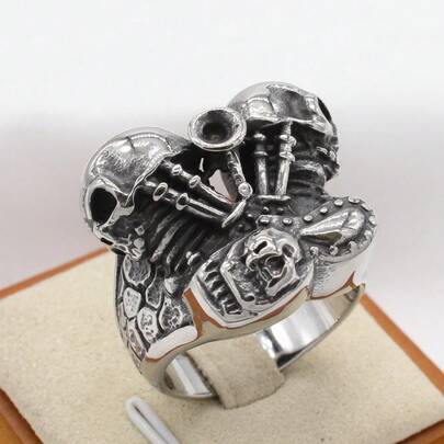1pc Men's Stainless Steel Engine Skull Ring Jewelry, Great Gift For Colleagues And Friends
