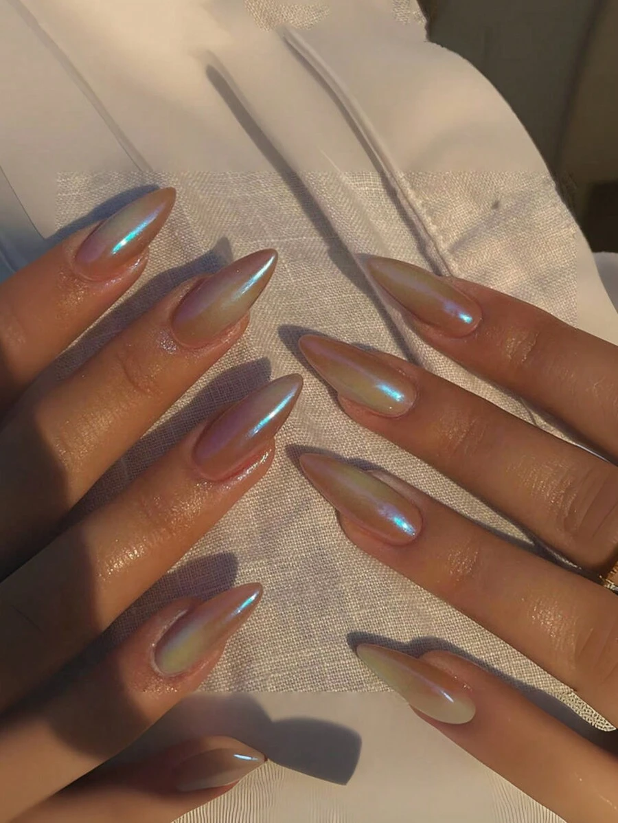 24Pcs Long Stiletto Nails European Iridescent Mermaid Effect French Almond Nail Tips + 1Pc Jelly Gel + 1Pc Cuticle Pusher Press On Nails Nail Supplies Nails - Multicolor - View 1