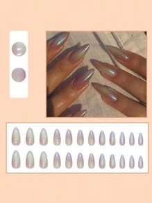 24Pcs Long Stiletto Nails European Iridescent Mermaid Effect French Almond Nail Tips + 1Pc Jelly Gel + 1Pc Cuticle Pusher Press On Nails Nail Supplies Nails - Multicolor - View 3