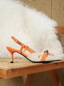 New Arrival Fashionable And Comfortable High Heel Pointed Toe Embroidered Slingback Shoes With Buckle Decoration, For Women