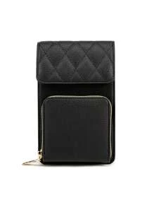 MIYIN Fashion Casual Litchi Embossed Phone Wallet For Woman With Adjustable Wide Strap Minimalist Solid Color PU Shoulder Bags With Card Slot Quilted Detail Flip Crossbody Bag With Front Zip Pocket For Lady For Daily Use (Black) Phone Pouch IPhone Bag Pouch Phone Cross Body Bag Women For Women Wallet Purse Wallet