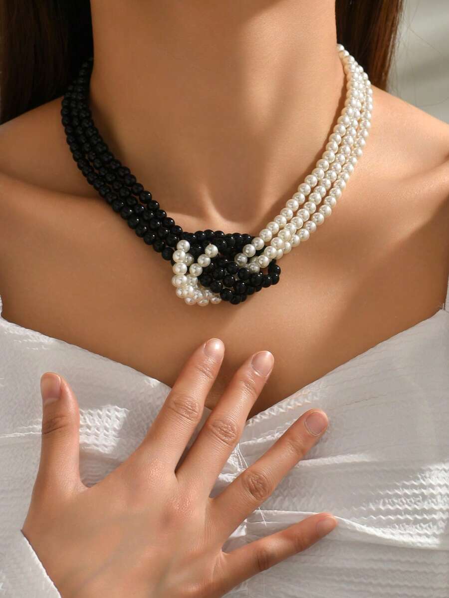 1pc Pearl Multilayer Necklace - Black and White - View 1