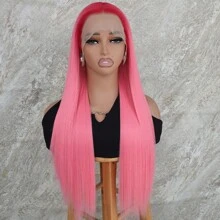 Peach Pink Ombre Lace Front Wig 26 Inches Long Silky Straight Synthetic Heat Resistant Fiber Hair Red Glueless Lace Wig Pre Plucked Baby Hair Natural Hairline For Women Girls Part Vacation Show Makeup - 漸層 - 查看 3