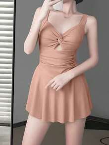 2024最新時尚女士保守泳裝裙式游泳服遮蓋肚子和顯瘦 - 玫紅色 - 查看 2