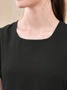 Vestido Longo Elegante de Chiffon com Decote Quadrado e Mangas Soltas, Adequado para Dama de Honra Adolescente, Casamento ao Ar Livre, Festa, Banquete - Preto - Visão 7