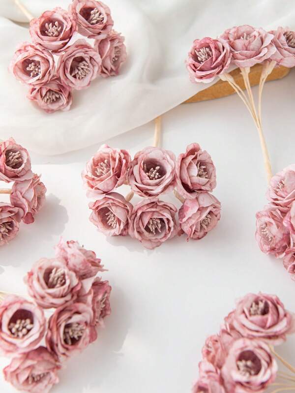 1 bouquet artificiel (6 têtes) matériau DIY pour couronne, mini rose bourgeon, boîte à bonbons, accessoires de décoration de maison et de mariage, fleur de poignet de mariée, fleur de poitrine, matériel de fleur pour la tête, décoration de la Saint-Valentin, du Nouvel An, anniversaire, accessoires de gâteau