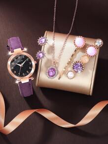 1pc Women's Elegant Rhinestone Inlay Starry Dial Quartz Watch And 5pcs Jewelry Set Including Necklace, Earrings, Hairpins - Great Gift For Women As A Gift For Students Returning To School