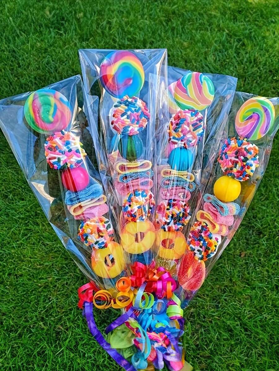 50pcs Rectangular Transparent Candy Bag + Golden Tie Wire, Lollipop Cookie Clear Baking Bag Gifts Bag Wedding Birthday Party Favors Packing Bag School Supplies Food Bag Food Box Suitable For Candy Chocolate Cookies Etc. - Clear - View 1