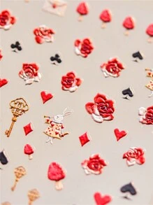 1入組5D指甲藝術貼紙，鎖匙貼紙，情人節玫瑰心兔指甲藝術裝飾，魅力配飾指甲貼紙DIY